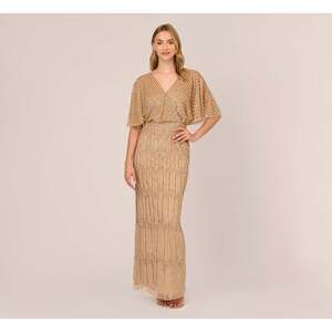 Adrianna Papell Hand-Beaded Illusion Long Column Blouson Gown In Champagne Gold